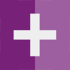 A white plus sign centered on a square background divided vertically; the left half is dark purple, and the right half is light purple.