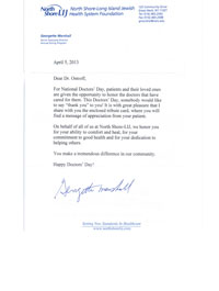 A letter on North Shore-LIJ Health System Foundation letterhead thanking doctors for their dedication and celebrating them on National Doctors’ Day, signed by Jennifer Mieres, MD.