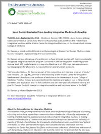 A press release from the Arizona Center for Integrative Medicine announces a local doctors completion of an Integrative Medicine fellowship, featuring text in black on a white background with green and blue headings and logos at the top.