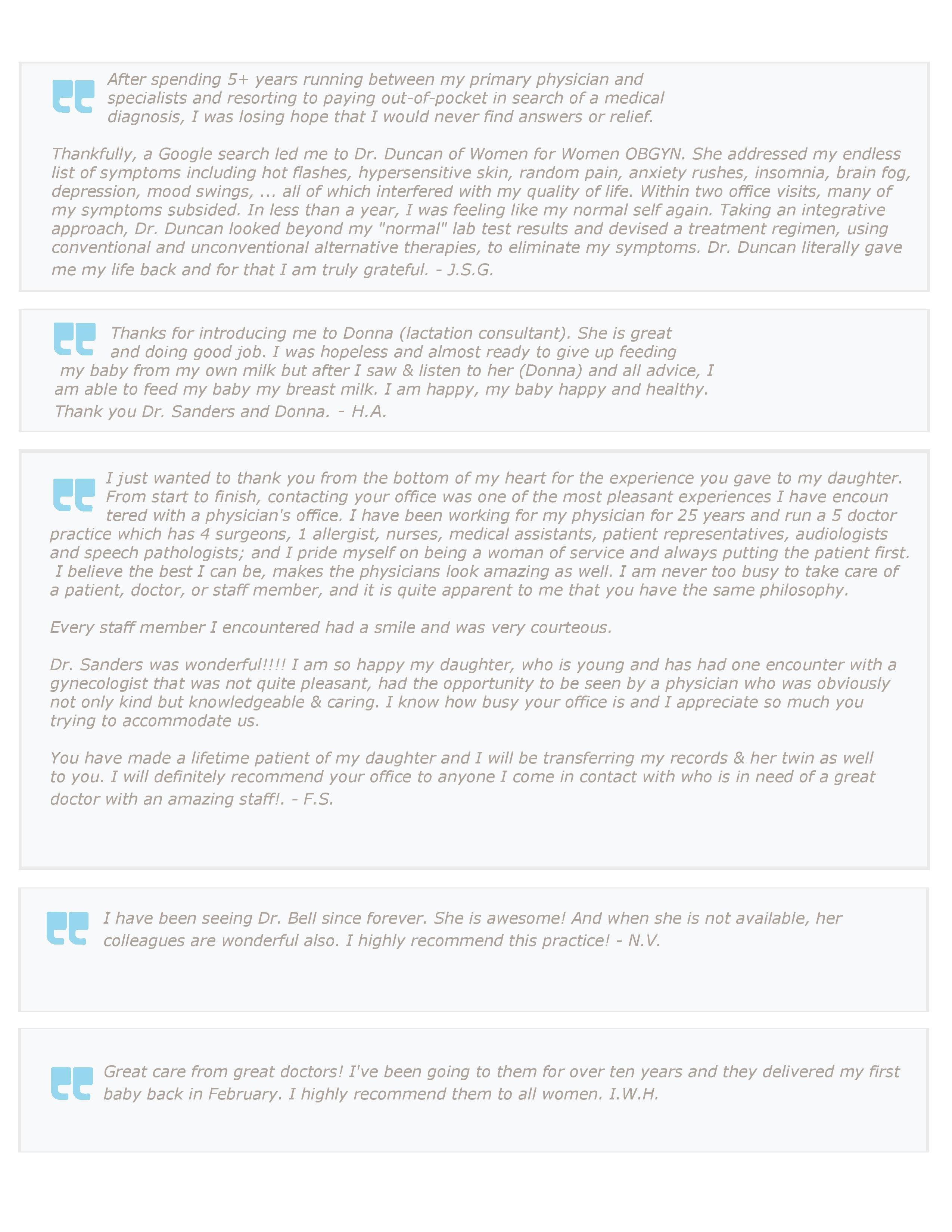A page showing five testimonials for a womens health practice. Each testimonial is in a light gray speech bubble with quotes, and is signed with the patients initials at the end. The background is white.
