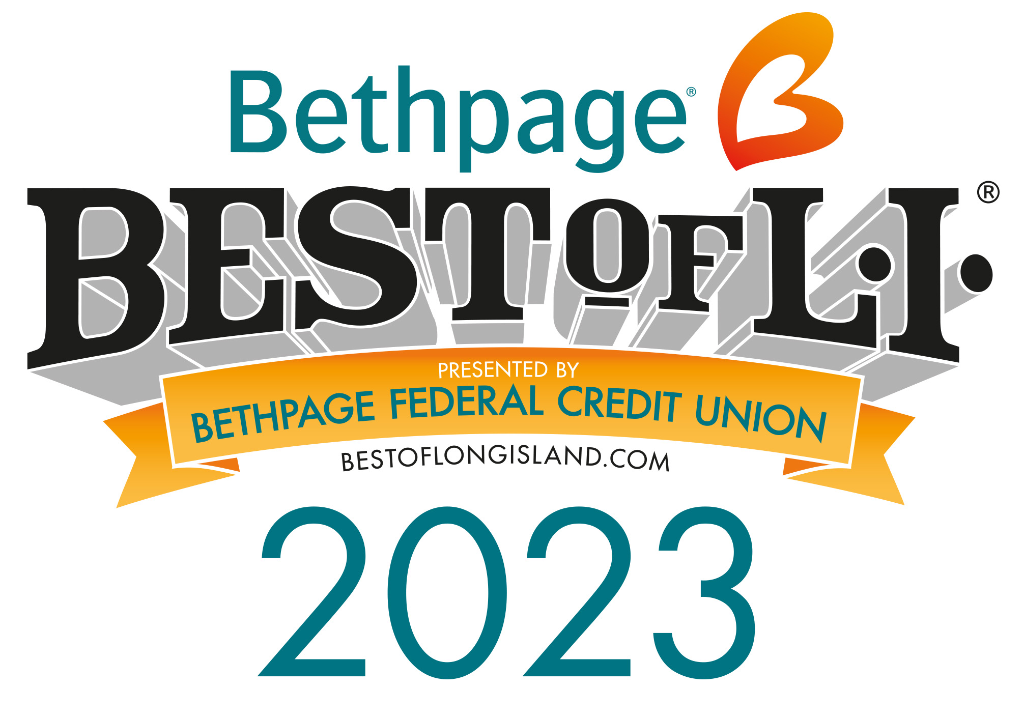 Logo for Bethpage Best of L.I. 2023, presented by Bethpage Federal Credit Union. Includes a yellow ribbon and website bestoflongisland.com below the bold text.